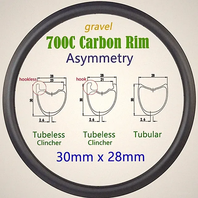 1 pcs 700c Carbon Rim Gravel Bike Wheels Asymmetric 30mm*28mm Tubeless Tubular