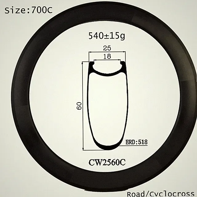 700C Lightweight Carbon Wheels Rim Clincher 60mm Depth 25mm Wide U Shape