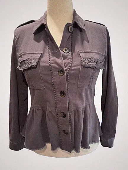 Knox Rose Gray Lace Trim Peplum Boho Embroidered Utility Jacket /Top (SZ Small)
