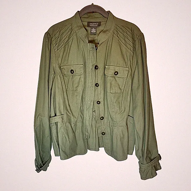 Military Style Jacket Motto Your Style Mantra Women’s Green Sz L Metal Buttons