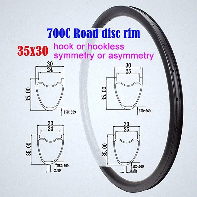 Road Bike Carbon Rims 700C Tubeless 35*30mm Hook Hook-less 20-32Holes Ring