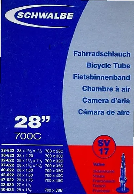 Schwalbe SV17 Bicycle Inner Tube with Presta Valve 37-622 Mm 28 X 1 3/8 X 1 5/8